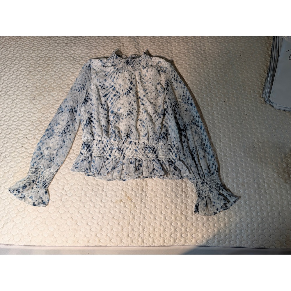Joyous Blue White Abstract Print Smocked Waist Mock Neck Peplum Blouse Large